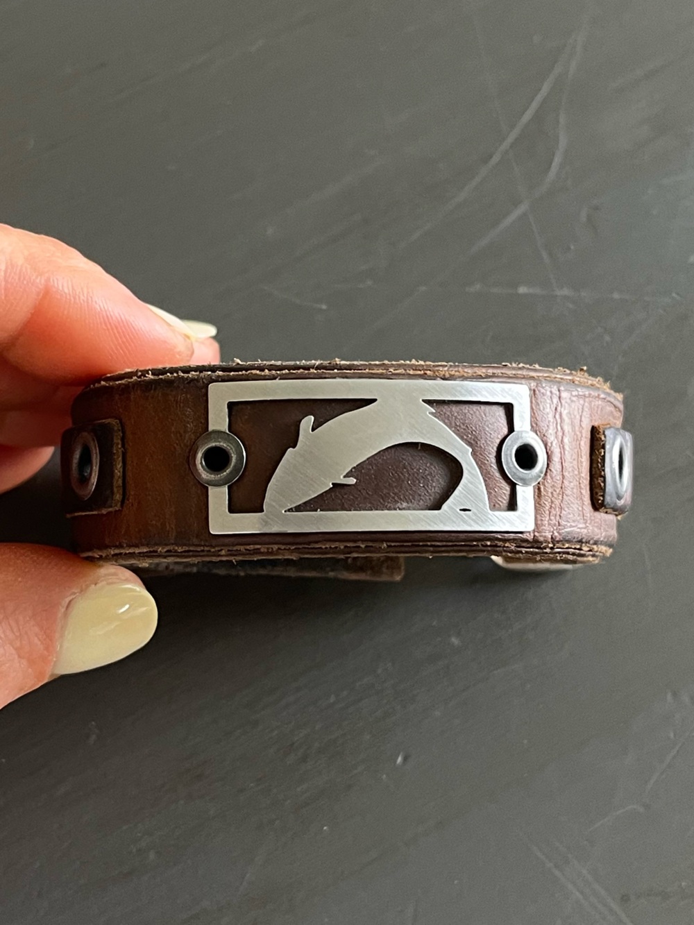 Men's Brown Leather Bracelet with Fish Metal Accent